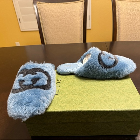 New Gucci GG Faux Fur Slip On Slides Blue Black Size 38 / US 8 - Picture 7 of 15